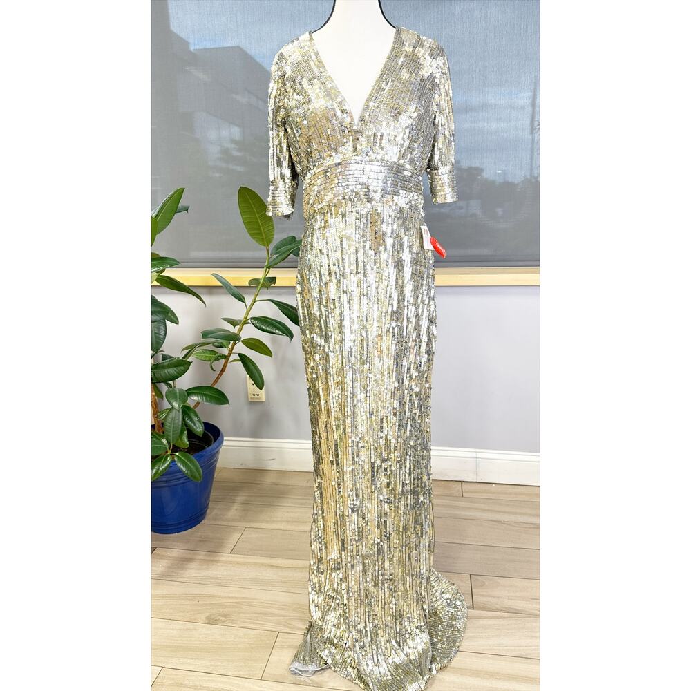 Mac Duggal Platinum Gold Silver Sequined V Neck Gown Dress Size 10 4707 - Picture 4 of 10